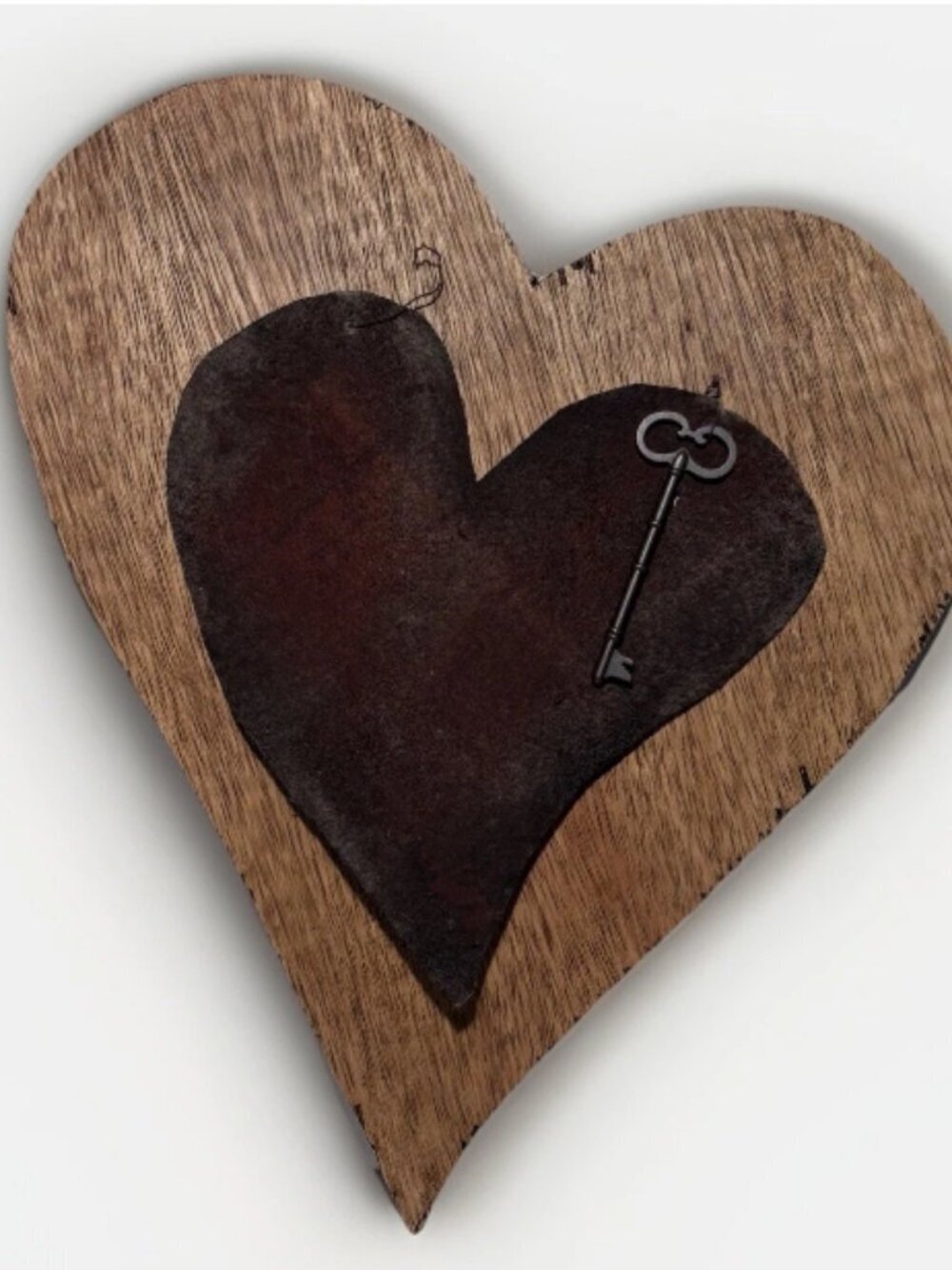 Hand Crafted Wood / Rusty Heart With Old Fashioned Key Valentines Decor